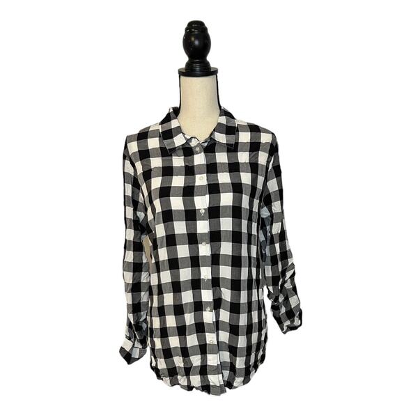 Womens Calvin Klein Button Down in Black White Gingham Plaid Shirt SOFT Size XL - Picture 2 of 7